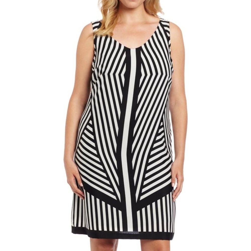 707 J Taylor Dress Black N Gray Geo Print Sleeveless Retro Style Lined Sheath 12